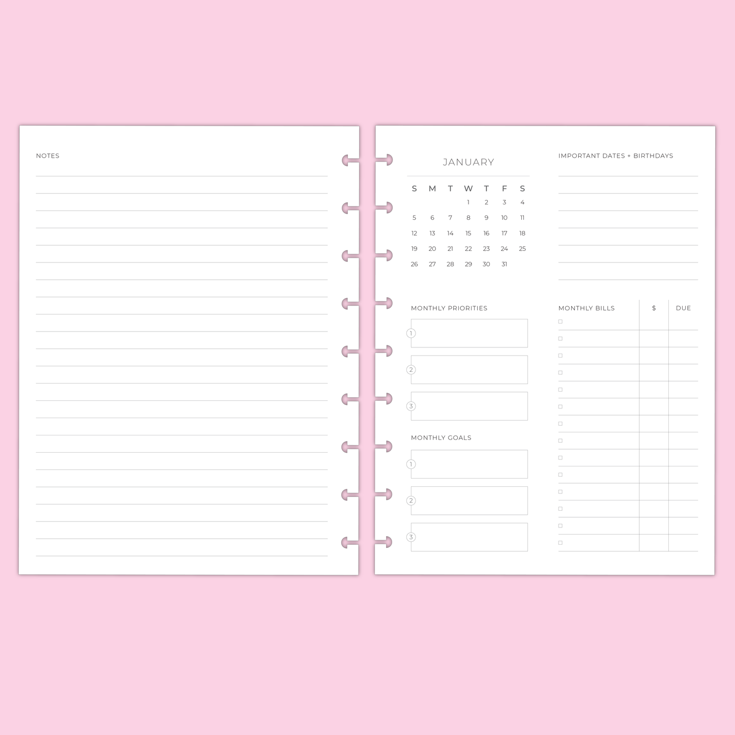 LLP: "2025 Minimal Monthly" Planner Inserts for Classic Disc Bound Planners