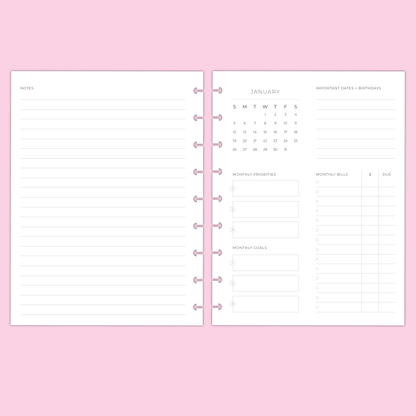 LLP: "2025 Minimal Monthly" Planner Inserts for Classic Disc Bound Planners