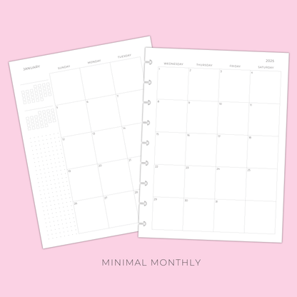 LLP: "2025 Minimal Monthly" Planner Inserts for Classic Disc Bound Planners