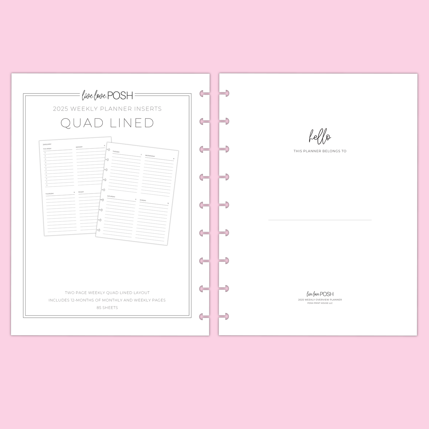 LLP: "2025 Quad Lined Weekly" Planner Inserts for Classic Disc Bound Planners